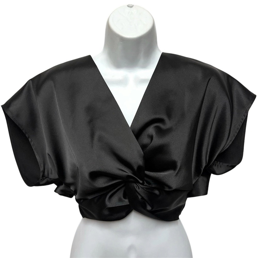 NWT Zara Satin Effect Knotted Crop Top Black Tie Back Womens S Chic 2298/130/800